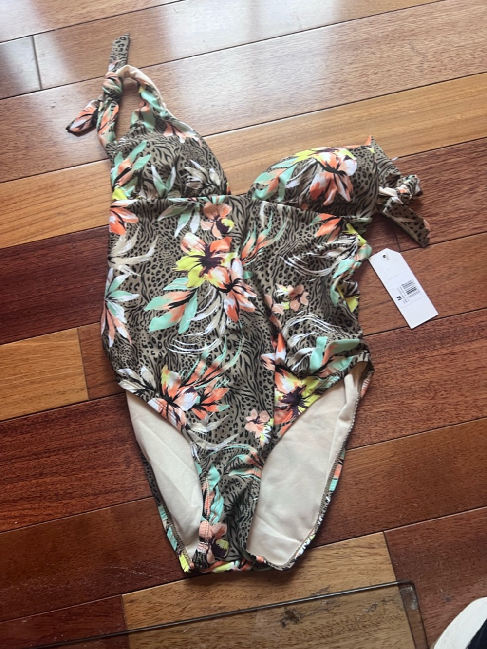 Floral Tropical One-Piece Swimsuit in Beige and Mint - Kids Swim